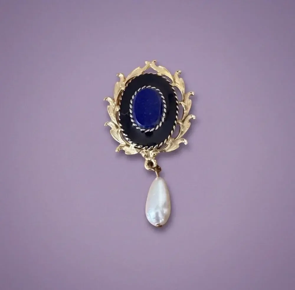 Vintage Victorian Revival Faux Onyx Pearl Drop Brooch Gold Tone Filigree Pin